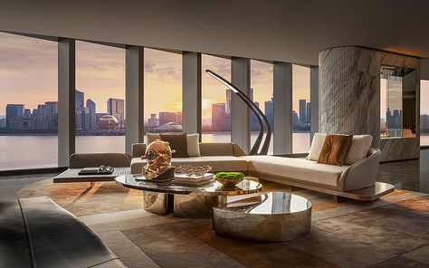 Focus Hangzhou: A Luxurious Riverside Retreat in China Yabu Pushelberg, Landmark Buildings, Hangzhou, Interior Spaces, Luxury Living, House Interior, Living Room Decor, Living Spaces, Room Decor