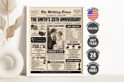 25th Anniversary Newspaper Poster, 25th Wedding Anniversary Gift for Parents, Married in 1999 Sign, 25th Anniversary Decorations Printable - Etsy 20th Anniversary Decorations, 10th Anniversary Decorations, 60 Anniversary Decorations, 30th Anniversary Decorations, Anniversary Newspaper, 40th Anniversary Decorations, 35th Wedding Anniversary Gift, 60th Wedding Anniversary Gifts, 45th Wedding Anniversary Gifts