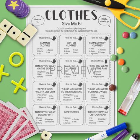 Clothes-Give-Me-Five-Game English Speaking Game, Give Me 5, Speaking Games, Give Me Five, Vocabulary Instruction, Target Language, Esl Worksheets, Gaming Clothes, Activity Games