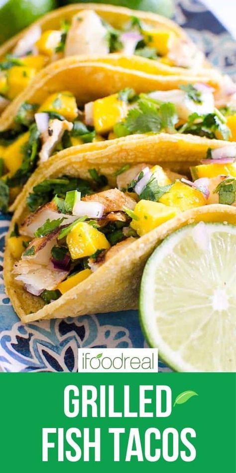 These Grilled Fish Tacos are the perfect addition to your next taco night; combining flavorful grilled white fish (cod, halibut, mahi-mahi) with mango salsa and optional crema creates a wonderfully sweet, savory, spicy meal for all and the best grilled fish tacos recipe ready in under 30 minutes! Halibut Tacos Recipes, Fish Tacos With Mango Salsa, Tacos With Mango Salsa, Grilled Fish Tacos, Healthy Mexican Recipes, Mexican Dish, Fish Tacos Recipe, Healthy Casseroles, Healthy Grilling