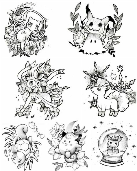 The mew one is cute Flash Art Tattoos, Pokemon Tattoo, Cat Tattoos, Tiny Tattoo, Pokemon Coloring, Cartoon Tattoos, Tattoo Flash Art, Pokemon Drawings, Flash Art