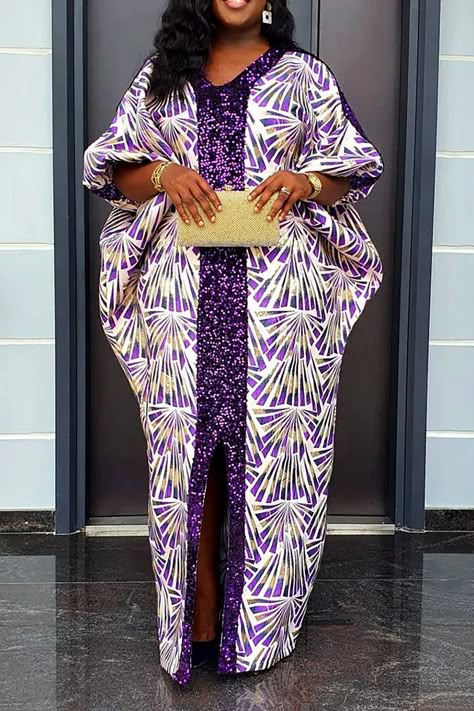 Plus Size Semi Formal Dress Purple V-Neck Sequined Loose Maxi Dress Plus Size Semi Formal, Formal Dress Purple, African Print Long Dress, Boubou Styles For Women, Bubu Gown Styles, Ankara Dress Styles, African Wear Dresses, African Inspired Clothing, African Maxi Dresses