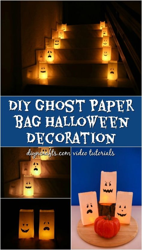 DIY Halloween Ghost Luminary Bags Decoration - Grab your paper bags, markers, and candles to throw together this fast and fun Halloween luminary bags idea! Safer than traditional and so fun to add to your pathway! Halloween Luminaries Walkways, Paper Bag Halloween Luminaries, Paper Bag Lanterns Halloween, Halloween Paper Sack Crafts, Diy Halloween Luminaries Outdoor, Paper Bag Jack O Lantern, Halloween Paper Bags Diy, Halloween Paper Lanterns Diy, Halloween Brown Paper Bag Crafts