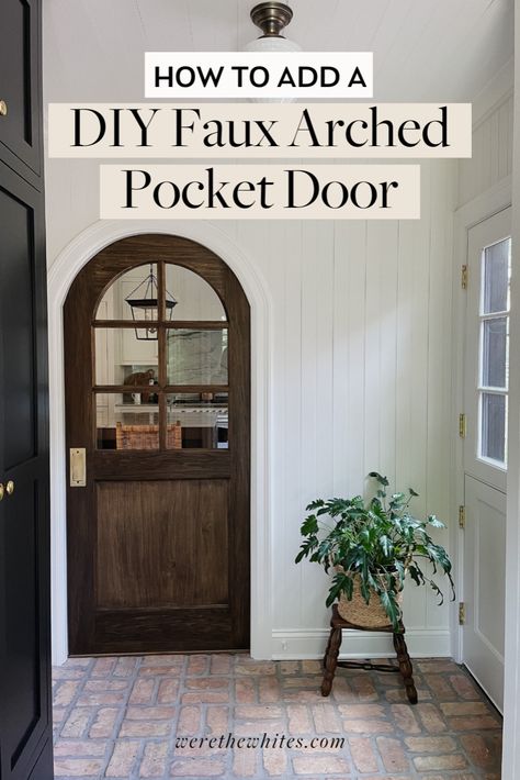 We’re finally sharing all the details on our DIY faux arch pocket door! We added this pocket arched doorway between our mudroom and kitchen, and it’s definitely one of the best home improvement projects we’ve done yet! Click through for all the details on our DIY arch door and see how you can recreate this DIY interior project in your own home. DIY home décor Arched Doorway With Door, Window By Front Door, Door For Arched Doorway Interiors, French Doors Arched Doorway, Salon Door Ideas, Install Pocket Door Diy, Faux Arch Door, Diy Door Alternative, Corner Door Opening