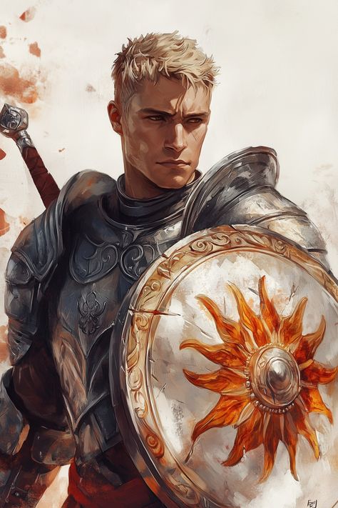 Kaldros Jorath stands tall with a broad, muscular build. His sun-kissed skin bears the marks of many battles, outlined by a network of scars. Short-cropped, ash-blond hair frames a square jaw, leading to a strong neck. Deep brown eyes are set beneath heavy brows. He wears polished, silver-plated armor, reflecting a fiery red emblem of a blazing sun on his intricately crafted shield. Dnd Character Tattoo Ideas, Character Hair Ideas, Dnd Npc Art, Cleric Rpg, Scar Ideas, Plated Armor, Character Showcase, Paladin Dnd, Human Paladin