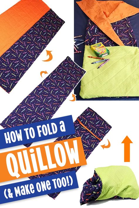 Beginner's sewing project: How to sew a quillow, or a quilt that folds into a pillow. Step-by-step and video tutorial featuring Crayola® Colors of Kindness fabric from Riley Blake Designs. Includes how to fold a quillow, how to turn any quilt into a quillow and how to make a quillow from 4 yards of fabric. Sewing Machine Cabinet, How To Fold, Sewing Projects For Beginners, How To Turn, Riley Blake Designs, Riley Blake, Sewing Project, Sewing For Beginners, How To Sew