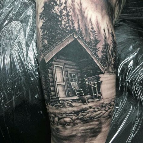 Cabin In The Woods Tattoo, Cabin Tattoo, Woods Tattoo, Wilderness Tattoo, Wood Tattoo, Hunting Tattoos, Nature Tattoo Sleeve, Movie Tattoos, Landscape Tattoo