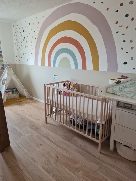 BoHo style. Kid's Bedroom. Rainbow. Half and half painted wall. Nursery Wall Half Paint, Half Painted Wall Playroom, Half Wall Painted Nursery, Half Pink Wall Nursery, Half Rainbow Painted Wall, Boho Kids Bedroom, Statement Bedroom, Half Painted Walls, Kids Shared Bedroom