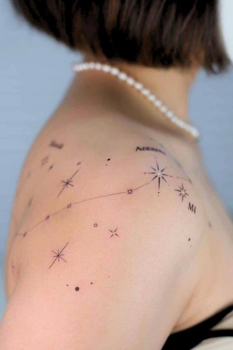 Star Tattoo On Shoulder, Best Star Tattoos, Sparkle Tattoo, Whimsical Tattoos, Astrology Tattoo, Star Tattoo Designs, Theme Tattoo, Petite Tattoos, Spine Tattoos For Women