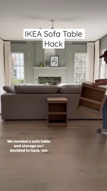 DIY - IKEA | IKEA hacks & creative ideas on Instagram: "Transforming IKEA nightstands into a chic sofa table! ✨ Watch @champagne.chaos work her magic with White Oak plywood and a touch of DIY brilliance. Dive into the video and get ready to be inspired! #DIYFurniture #SofaTableMagic ©️ All Rights And Credits Reserved To The Respective Owners 👉 Follow @ikeacreativeideas 👉 Follow @ikeacreativeideas 👉 Follow @ikeacreativeideas . . . . . #ikeahack #ikea #ikeahacks #ikeadiy #ikeahome #ikeaideas #ikealover #interiordesign #interiorinspiration #interiorhacks #diy #diyhomedecor #diyideas #diyproject #diyhomedecor #diyideas #diycrafts #home #storage #kitchendesign #kitchen #bedroom #livingroom" Ikea Farmhouse Living Room, Storage Bench Behind Couch, Kallax Sofa Table, Behind Couch Storage Ideas, Behind Sofa Storage, Bench Behind Sofa, Ikea Nightstands, Ikea Sofa Table, Ikea Living Room Ideas