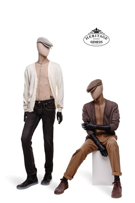 Heritage Male Collection | Men | GENESIS MANNEQUINS Our Heritage line offers various finishes on arms and legs, including articulated wooden arms in various colors giving endless combinations. http://www.genesis-display.com/en/collection/852/Heritage-Male Manequin Ideas Display, Mannequin Display Ideas, Clothes Mannequin, Wooden Mannequin, Boutique Store Displays, Store Mannequins, Fashion Mannequin, Male Mannequin, Display Mannequins