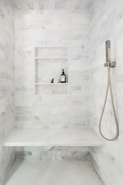 partridge hill | zplusinteriors Shower Niche Over Bench, Shower With Alcove, Niche Above Shower Bench, Shower Niche Above Bench, Master Shower Niche Ideas, Shower Alcove Ideas, Shower With Floating Bench, Bathroom Shower With Bench, Master Shower Niche