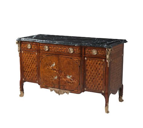 A finely inlaid side cabinet or meuble d"appui with fine brass mounts, the white veined black marble breakfront top above three key pattern drawers, with parquetry doors below centred by a mother of pearl marquetry inlay of birds and each enclosing an adjustable shelf, on cabriole legs. Theodore Alexander Furniture, Black Sideboard, Kitchen Sideboard, Parquetry, Luxury Furniture Brands, Theodore Alexander, Wood Sideboard, Adjustable Shelf, Sideboard Furniture