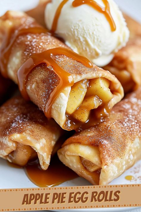 These apple pie egg rolls are crispy on the outside and loaded with gooey, spiced apple filling on the inside—perfect for dessert or a special treat! Dessert Egg Roll Recipes, Apple Pie Rolls, Apple Pie Filling Desserts, Apple Pie Egg Rolls, Apple Pie Filling Recipes, Easy Apple Pie, Canned Apples, Egg Roll Recipes, Apple Filling