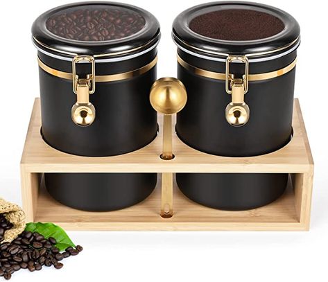 Amazon.com: Yangbaga 304 Stainless Steel Coffee Containers with Shelf,2 x 66 oz Coffee Bean Storage Jar with Gold Airtight Locking Clamp 、 Spoon, Large Capacity Food Storage Jar for Kitchen : Everything Else Coffee Cabinet Organization, Black Gold Kitchen, Coffee Bean Storage, Wooden Storage Shelves, Coffee Canisters, Coffee Cabinet, Coffee Container, Ground Coffee Beans, Coffee Storage