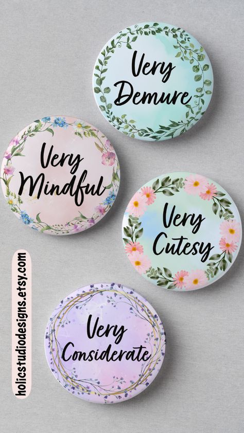 ✨Have you seen the Tiktok viral video that's taking the internet by storm? The Very Demure Very Mindful Custom Pin Button is the cutesy pinback button collection you've been looking for! With customizable designs, you can add a personal touch to your wardrobe and accessories. ✨  Customize Your Look with Very Demure Very Mindful Custom Pin Button!  #VeryDemureVeryMindful #CustomPinButton #PinbackButtonCollection #HolicStudioDesigns #Pinbadge #EtsyStyle #SupportSmallBusiness Button Pin Design Ideas, Pin Button Design, Fun Party Favors, Maker Ideas, Button Maker, Pinterest Contest, Tiktok Viral, Diy Buttons, Pin Button