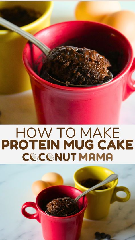 This protein mug cake is a delicious sweet treat that's high in protein and lower in sugar. Protein Mug Cake Recipe, Protein Mug Cake, Aip Diet Recipes, Protein Mug Cakes, Low Sugar Desserts, Baking With Coconut Flour, Mug Cake Recipe, Protein Bread, Aip Diet