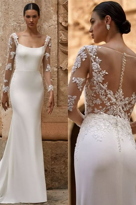 Scoop Neck Long Sleeve Wedding Dress, Scoop Neck Wedding Dress With Sleeves, Simple Long Sleeve Wedding Dress Classy, Simple Fall Wedding Dress, Simple Elegant Wedding Dress Classy Chic, Gown Back Neck Design, High Back Wedding Dress, Wedding Dress Back Detail, Dresses With Lace Sleeves