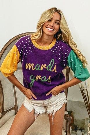 Tinsel Letters, Mardi Gras Parade Outfit, Pearl Sweater, Mardi Gras Parade, Mardi Gras Shirt, Fat Tuesday, Yellow Sweater, Pullover Sweater Women, Short Sleeved Sweaters