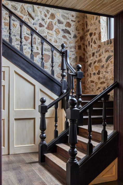 Stable Office/Studio Renovation - Archer & Buchanan Architecture Stone House Stairs, Converted Stables Interiors, Cottage Style Staircase, Antique Stair Railing, Old House Stairs, Cottage Stair Railing, Country Staircase Ideas, Cottagecore Stairs, Bavarian Farmhouse