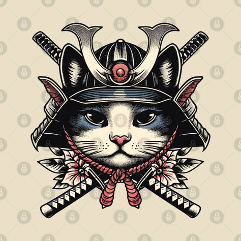 Ninja Cat Tattoo, Japanese Cat Tattoo Design, Japanese Cat Tattoo, Samurai Cat Tattoo, Samurai Dog, Monmon Cats, Cat Samurai, Harry Tattoos, Butterfly Eyes