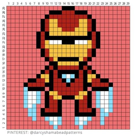 Ironman Cross Stitch, Ironman Perler Beads, Iron Man Perler Bead Pattern, Marvel Perler Bead Patterns Avengers, Perler Beads Avengers, Marvel Avengers Pixel Art, Pixel Art Grid Marvel, Avengers Perler Bead Patterns, Super Hero Pixel Art