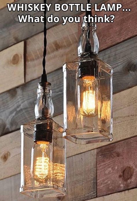 Pulley Lamps, Jack Daniels Bottle, Diy Pendant Light, Diy Lampe, Whisky Bottle, Factory Lighting, Diy Chandelier, Bottle Lamp, Diy Bottle