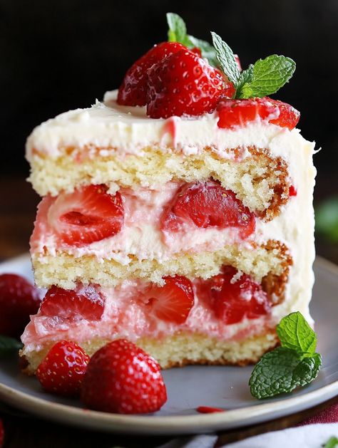 Strawberry mint split cake 🍓   🍓 Ingredients 🍓 For the cake: - 2 cups all-purpose flour - 1 1/2 cups granulated sugar - 1/2 cup unsalted butter, softened - 1 cup milk - 3 teaspoons baking powder - 1 teaspoon vanilla extract - 4 large eggs - 1/2 cup chopped fresh strawberries - 2 tablespoons chopped fresh mint leaves For the frosting: - 1 cup unsalted butter, softened - 4 cups powdered sugar - 1 teaspoon vanilla extract - 2-3 tablespoons milk - Fresh strawberries and mint leaves for garnish Strawberry Mint Cake, Sliced Strawberries On Cake, Pistachio Strawberry Cake, Aesthetics Cake, Split Cake, Mint Cake, Strawberry Mint, Strawberry Topping, Pretty Dessert