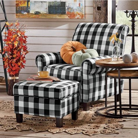 Buffalo Plaid Chair, Buffalo Check Chair, Plaid Chair, Armchair And Ottoman, Plaid Decor, Country Door, Chair And Ottoman Set, Ottoman Set, White Chair