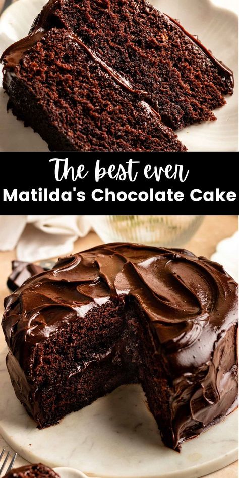 This Matilda's chocolate cake is made with moist one bowl chocolate cake layers that are topped and filled with the most luscious and glossy chocolate fudge frosting that is swirled onto the cake beautifully. Matilda Chocolate Cake, Chocolate Cake Layers, The Best Chocolate Cake, Chocolate Cake Recipe Moist, Amazing Meals, Chocolate Fudge Frosting, Chocolate Cake Recipe Easy, Homemade Chocolate Cake, Fudge Frosting