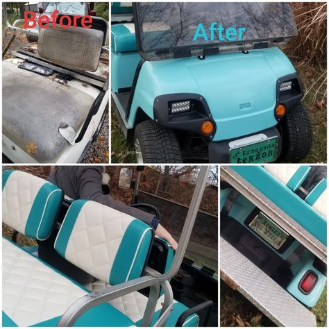 Golf cart, SailRite, upholstery, custom license plate, Cricut MrsEch Golf Cart Remodel Diy, Retro Golf Cart, Golf Cart Remodel, Golf Cart Storage, Retro Golf, Ezgo Golf Cart, Beach Buggy, Custom License Plate, Pool Time