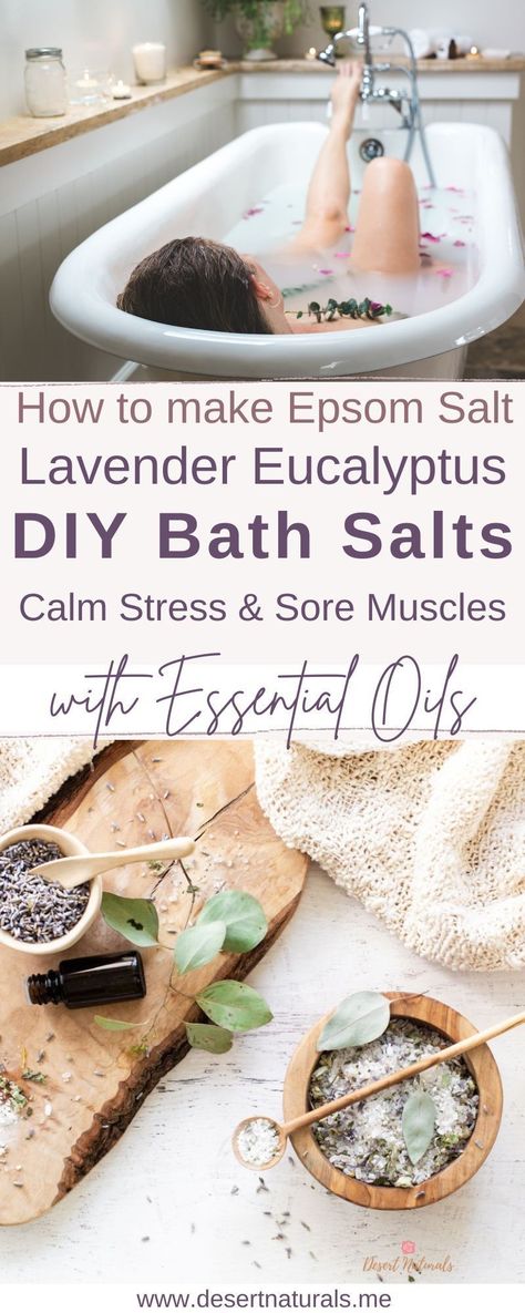 woman taking a self care bath and a wood plank with bowls of lavender and eucalyptus bath salts with a bottle of essentia oil Eucalyptus Bath Salts, Diy Bath Pillow, Diy Bath Salts Recipe, Make Bath Salts, Homemade Bath Salts Recipe, Bath Salts Diy Recipes, Eucalyptus Diy, Room Spray Recipe, Homemade Bath Salts