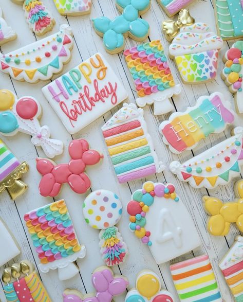 Shopping Cookies Decorated, Cake Shaped Cookies Decorated, Celebration Cookies Royal Icing, Birthday Party Cookies Decorated, Rectangle Sugar Cookies Decorated, Royal Icing Cookies Birthday, Number 4 Cookies Decorated, Paint Party Cookies Decorated, Sugar Cookie Designs Birthday