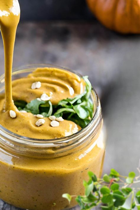 Pumpkin Tahini Dressing - Vegan Focus Pumpkin Tahini, Vegan Tahini Dressing, Tahini Salad Dressing, Puree Recipes, Pumpkin Puree Recipes, Tofu Marinade, Vegan Pumpkin Recipes, Types Of Salad, Grain Bowls