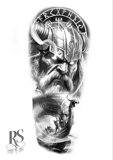 Nordic Tattoo Design Warrior Tattoos Design, Nordic Tattoo Design, Viking Ship Tattoo, Tattoo Odin, Tattoo Rings, Viking Tattoos For Men, Thor Tattoo, Viking Warrior Tattoos, Viking Tattoo Sleeve