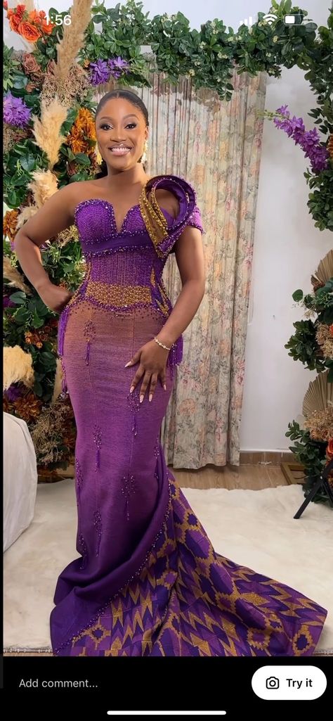 Purple African Wedding Dress, Ghanaian Engagement Kente Styles, Ombre Kente Styles For Engagement Ghana, Ghana Kente Styles Traditional Weddings, Ghana Traditional Wedding Dresses, Kente Dress Styles For Engagement, Bridal Kente Styles, Kente Styles For Engagement Ghana, Ghana Bride