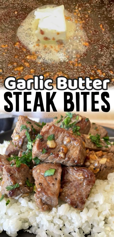 These steak bites only take about 5 minutes to make in a skillet on your stovetop. Serve them over white rice, brown rice, or cauliflower rice to absorb all of the steak juices and garlic butter. Mashed potatoes are a nice option, too! A cast iron skillet works best, but any pan will do. Garlic Butter Steak Bites, Butter Steak Bites, Steak And Rice, Steak Bites Recipe, Easy Skillet Meals, Butter Steak, Easy Steak, Rice Dinner, Garlic Butter Steak