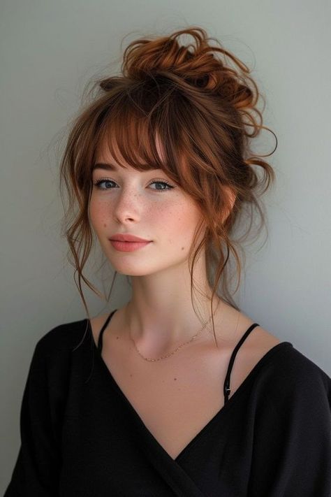 Updos With Wispy Bangs, Framed Face Bangs, Wispy Bangs Updo Hairstyles, Hair Styles Framed Face, Updos With Face Framing, Face Framing Hairstyles Updo, Bangs And Face Shape, Bangs For An Oval Face, Bangs Framed Around Face