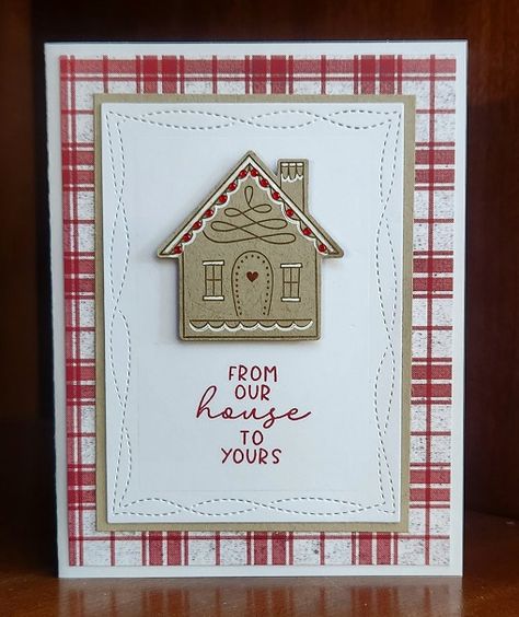 FS924 Gingerbread House Stampin Up Gingerbread House, Stampin Up Gingerbread, Gingerbread House Cards, Up Gingerbread House, Contemporary Christmas Cards, Gingerbread Cards, Gingerbread House Christmas, House Cards, Red Gems