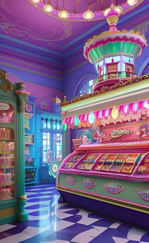 Fantasy Candy Shop, Retro Candy Store, Candy Shop Aesthetic Pastel, Traditional Sweet Shop, Old Candy Shop, Candy Room In House, Candy Land Aesthetic, Candy Shop Ideas Design, Candy Store Ideas