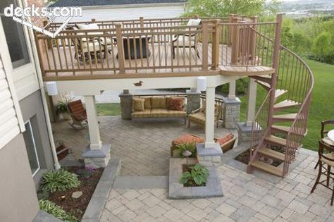 2 Story Deck, Raised Decking, Bedroom Deck, Round Stairs, Deck Design Ideas, Deck Remodel, Raised Deck, Deck Pictures, Patio Deck Designs