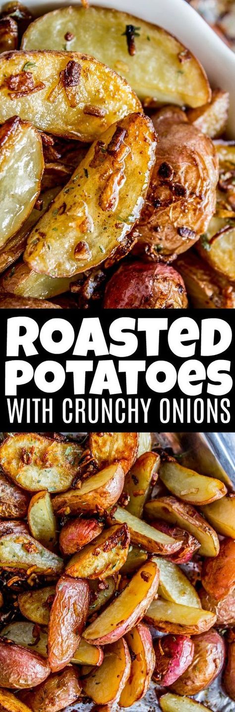 Roasted Potatoes with Crunchy Onions Crunchy Onions, Roasted Potatoes And Onions, Potatoes And Onions, The Food Charlatan, Dehydrated Onions, Food Charlatan, Potato Side Dishes, Onion Recipes, Best Side Dishes