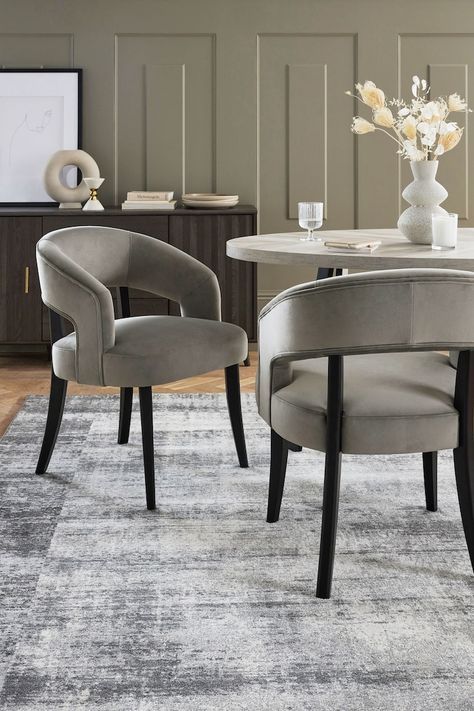 Set of 2 Soft Velvet Mid Grey Remi Dining Chairs Grey Dining Chairs Modern, Dining Table Decor Everyday, Cream Dining Room, Velvet Dining Room Chairs, Dining Chairs Uk, Dining Room Design Luxury, Neutral Dining Room, Dining Room Updates, Grey Dining Room