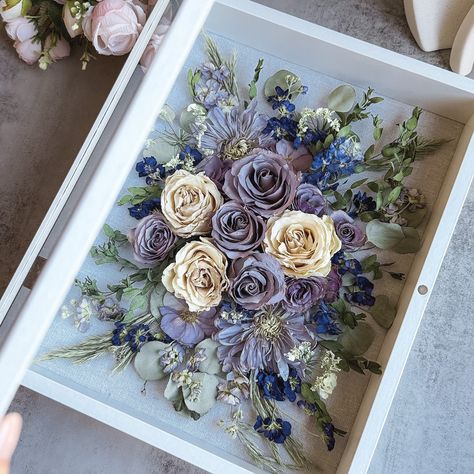 Shadow box 14*11 🌺 #shadowbox #framedflowers #wedding Shadow Box Wedding Flowers, Wedding Shadow Box Ideas, Bouquet Shadow Box, Wedding Cards Keepsake, Preserving Flowers, Wedding Shadow Box, Flower Shadow, Diy Shadow Box, Flower Shadow Box