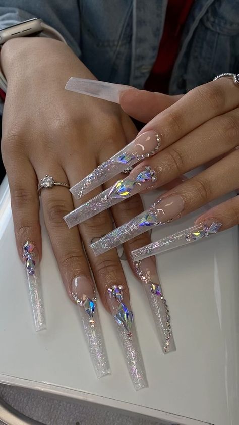 Extra Nail Designs, Super Long Nails, Big Nails, Xxl Nails, Marvel Nails, Clear Glitter Nails, Xl Nails, Acrylic Nail Designs Coffin, Fye Nails