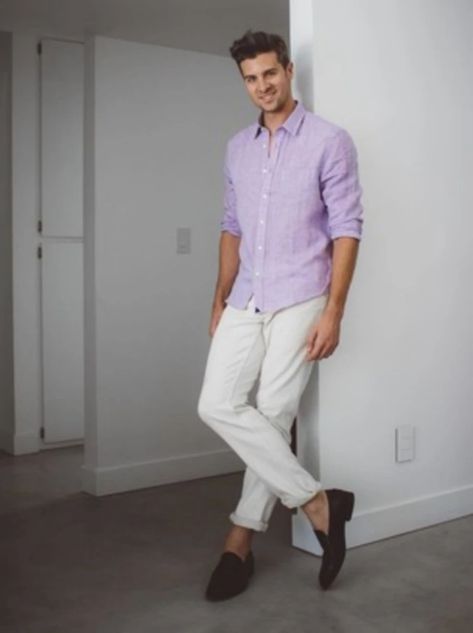 Purple Shirt Outfits, Light Purple Shirt, Lavender Outfit, Mens Fashion Country, Lavender Shirt, Light Purple Dress, White Pants Outfit, Brown Suede Loafers, Purple Dress Shirt