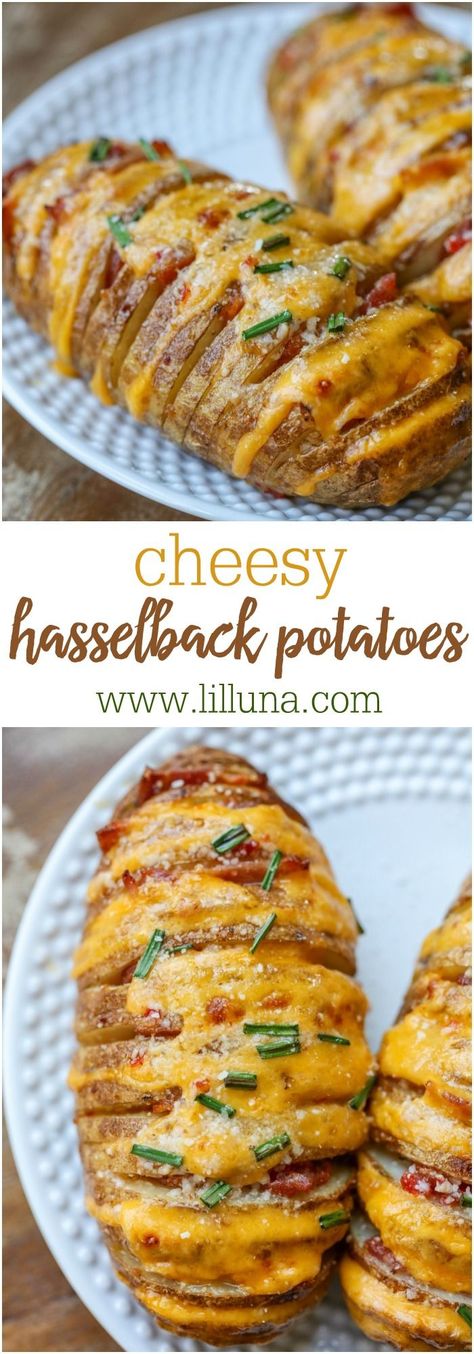 cheesy hasselback potatoes Cheesy Hasselback Potatoes, Potatoes Stuffed, Hasselback Potatoes, Potato Side Dishes, Potato Dishes, Vegetable Dishes, Side Dish Recipes, Veggie Recipes, Vegetable Recipes