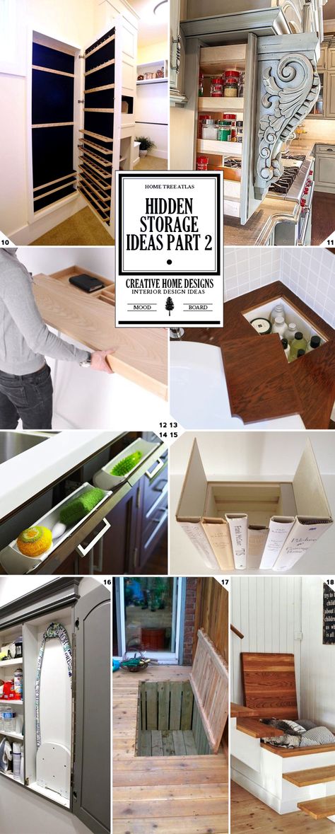 Hidden Storage Furniture, Sneaky Storage Ideas, House Hidden Storage, Wall Storage Ideas Bedroom, Hidden Spaces Ideas, Home Hidden Storage, Hidden Organization Ideas, Painting Hidden Storage, Hidden Countertop Storage