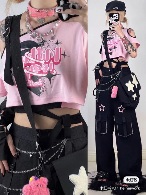 Outfit Edits Aesthetic, Pink Techwear Outfit, Chinese Goth Fashion, Gabriel O Hara Fanart, Aesthetic Punk Outfits, Hyperpop Clothes, Japanese Tomboy Fashion, Menhara Fashion, Pink Masc Outfits