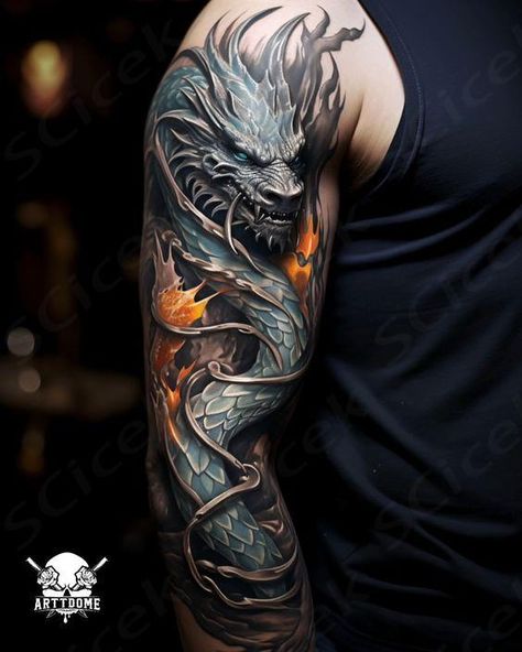 A striking black dragon tattoo concept on the arm, featuring dark gold and bronze tones for a naturecore vibe. | Instagram English Dragon Tattoo, Dragon Tattoo Color, Dragon Tattoo Realistic, 3d Dragon Tattoo, Cool Dragon Pictures, Phoenix Tattoo Sleeve, Tato 3d, Cover Up Tattoos For Men, Black Dragon Tattoo